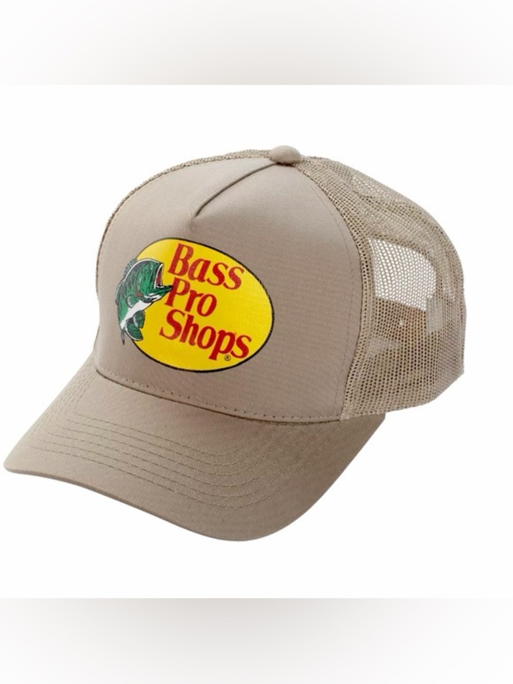 Bass Pro Shops Tan Mesh Logo Trucker Hat with Yellow Patch